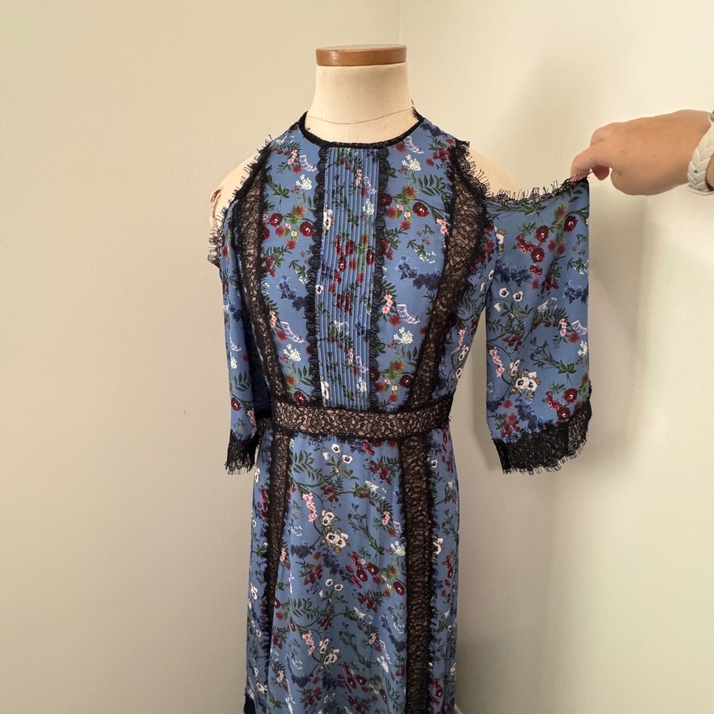 Alice + Olivia 6 Gatz Blue Floral Lace Trim Maxi Dress Peasant Boho Festival - Picture 2 of 9